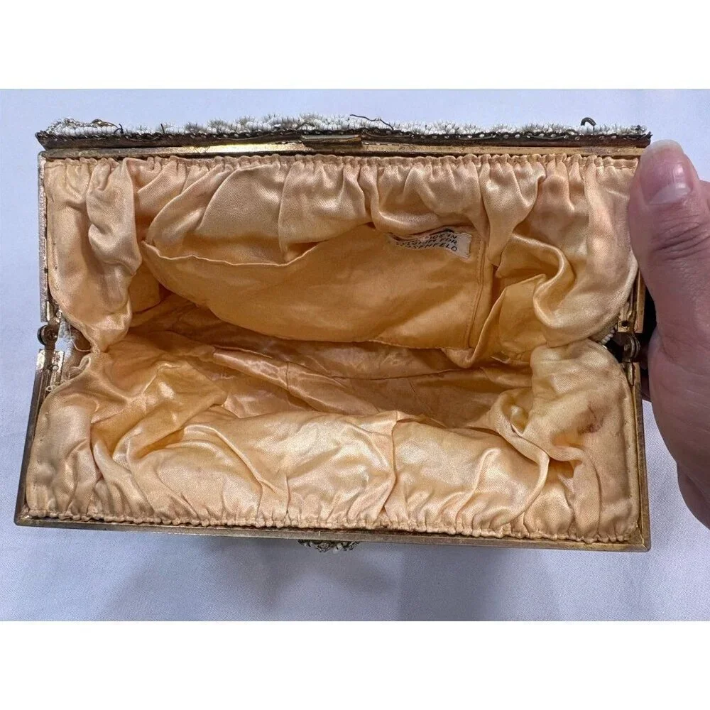 Vintage Rosenfeld Cream and Gold Hand Beaded Purse Made In Belgium